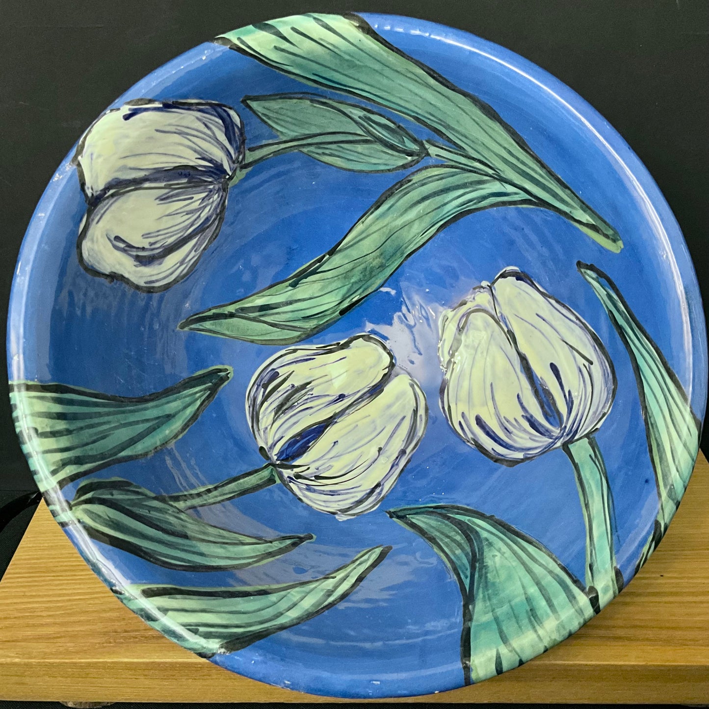 Deep Brilliant Blue Bowl with Blue Tulips