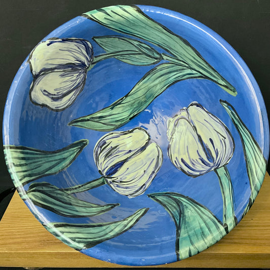 Deep Brilliant Blue Bowl with Blue Tulips