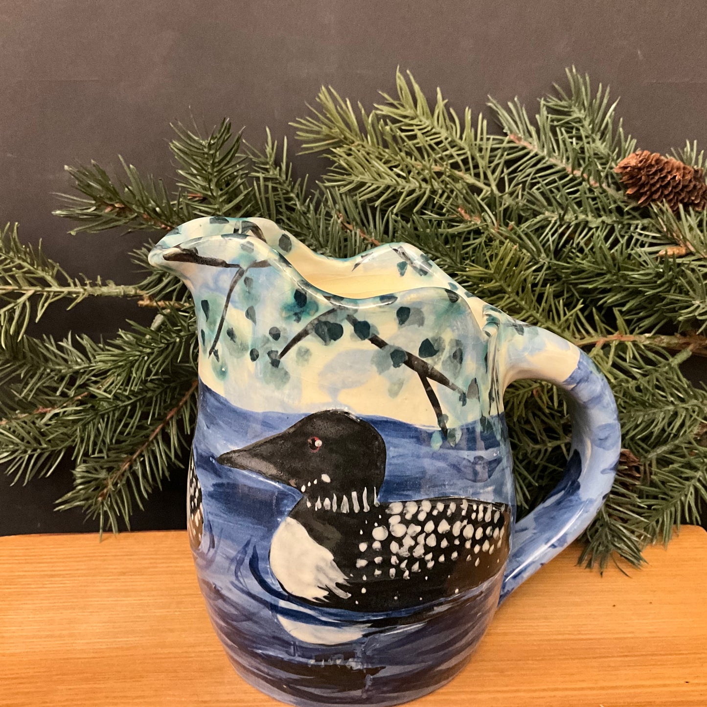 Small Blue Pitcher with Loons