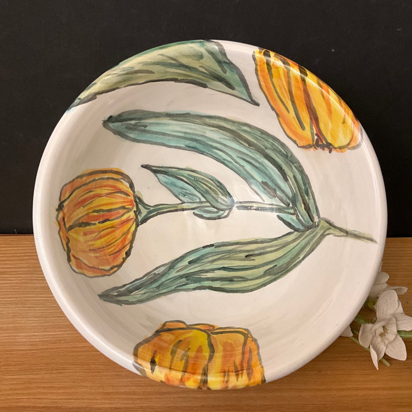 Small Majolica Bowl with Orange Tulips