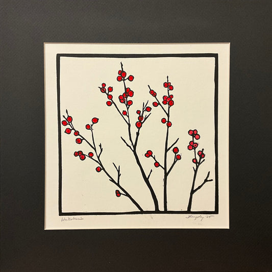 “Winterberries” Hand Colored Rubber Block Print with Mat