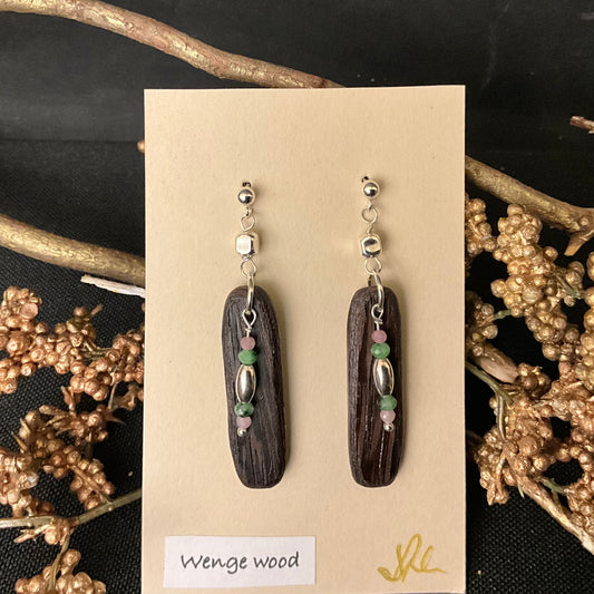 Wenge Wood Earrings w Sterling & Tourmaline Beads #256