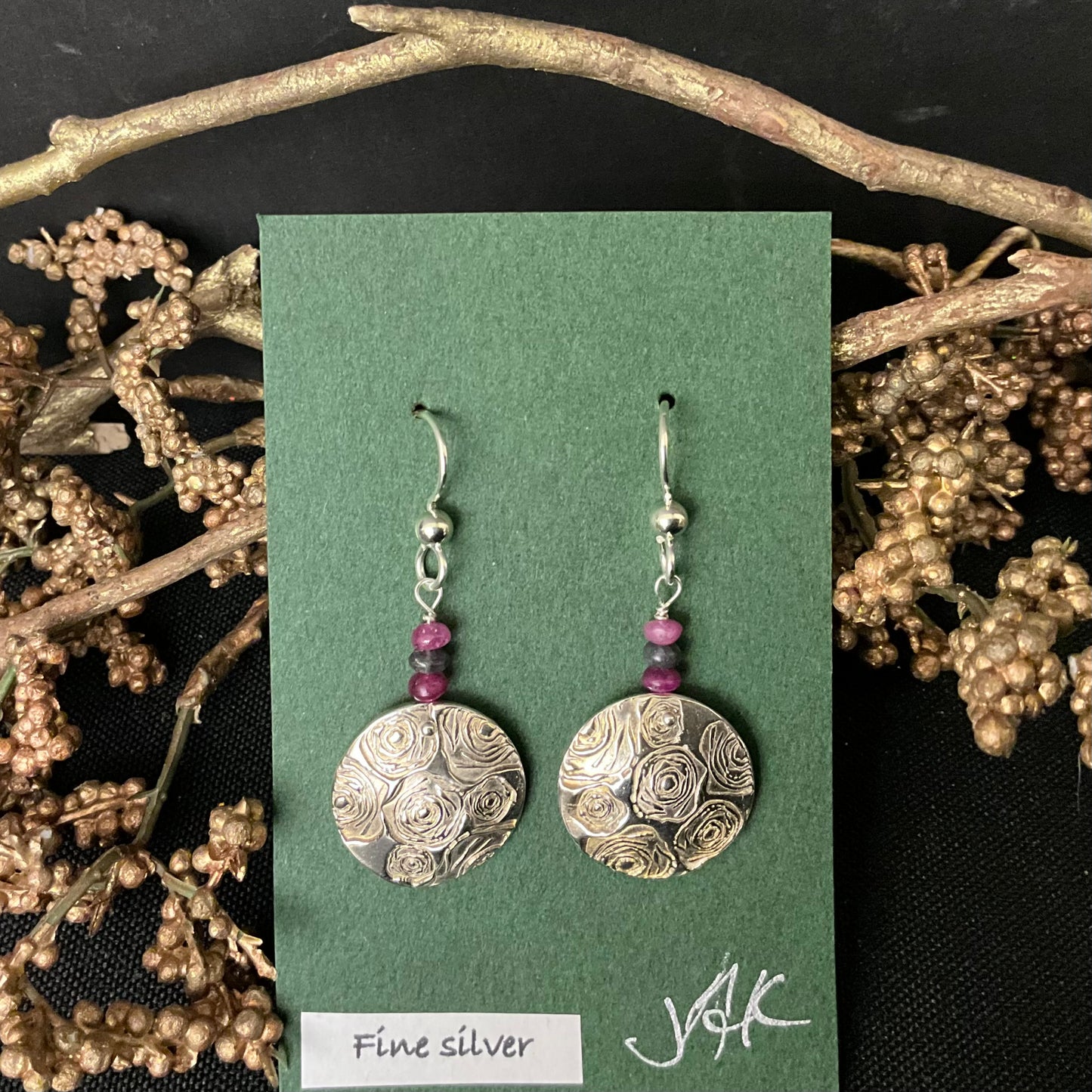 Silver Rose Earrings with Tourmaline Beads #269