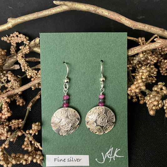 Silver Rose Earrings with Tourmaline Beads #269