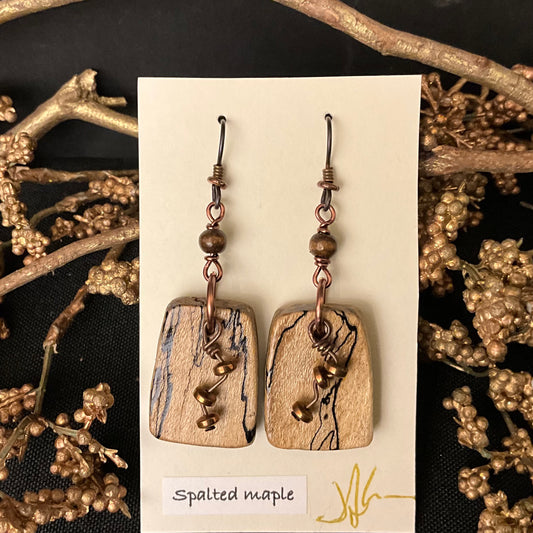 Spalted Maple Earrings with Wood and Copper Beads #279
