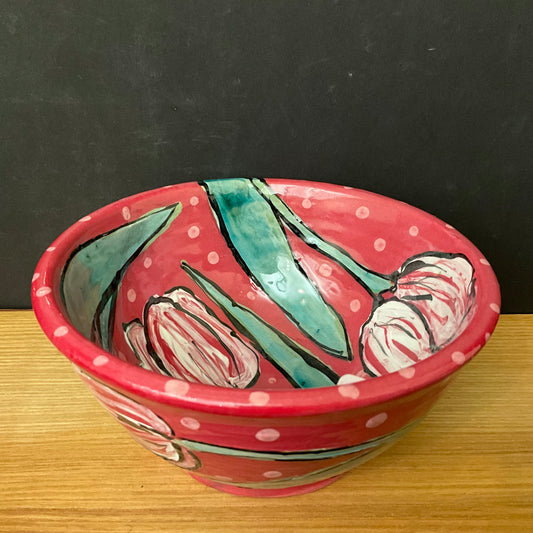 Deep Rose Bowl with pink tulips