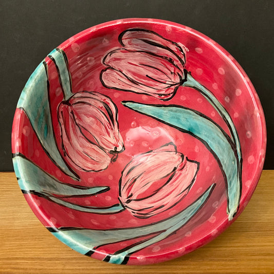 Deep Rose Bowl with Pink Tulips