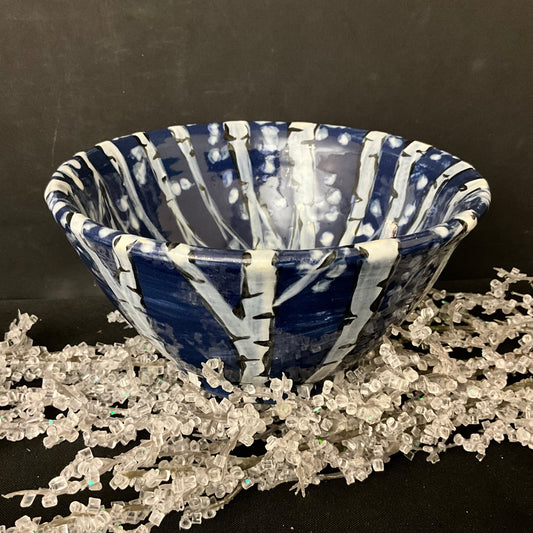 Small Deep Bowl Winter Birches on Dark Blue