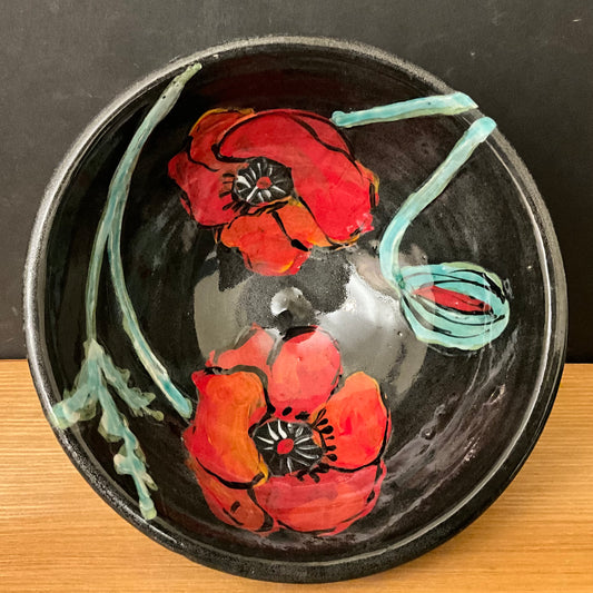 Small Black Bowl with Red Poppies