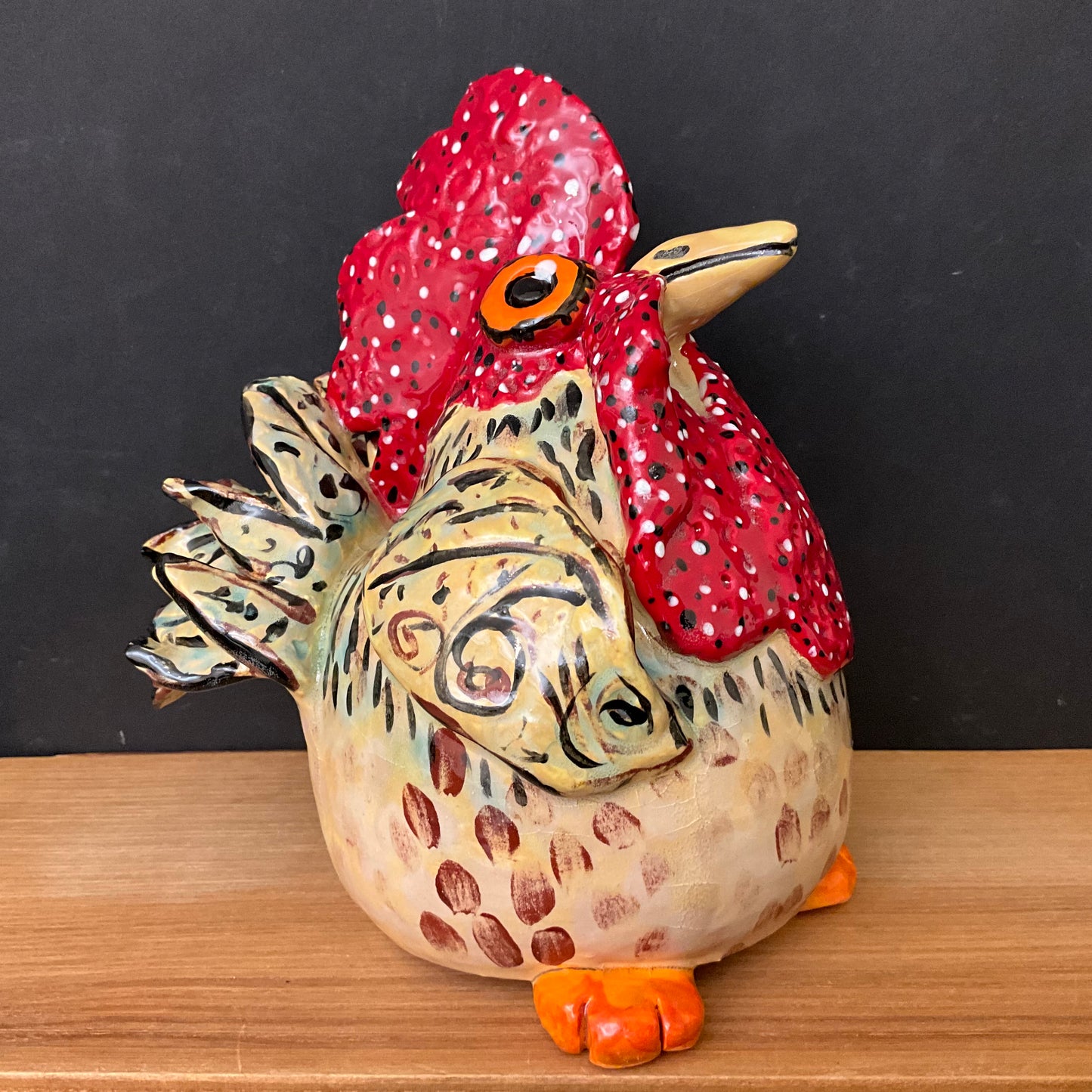 Ceramic Rooster in Tan, Sage and Red