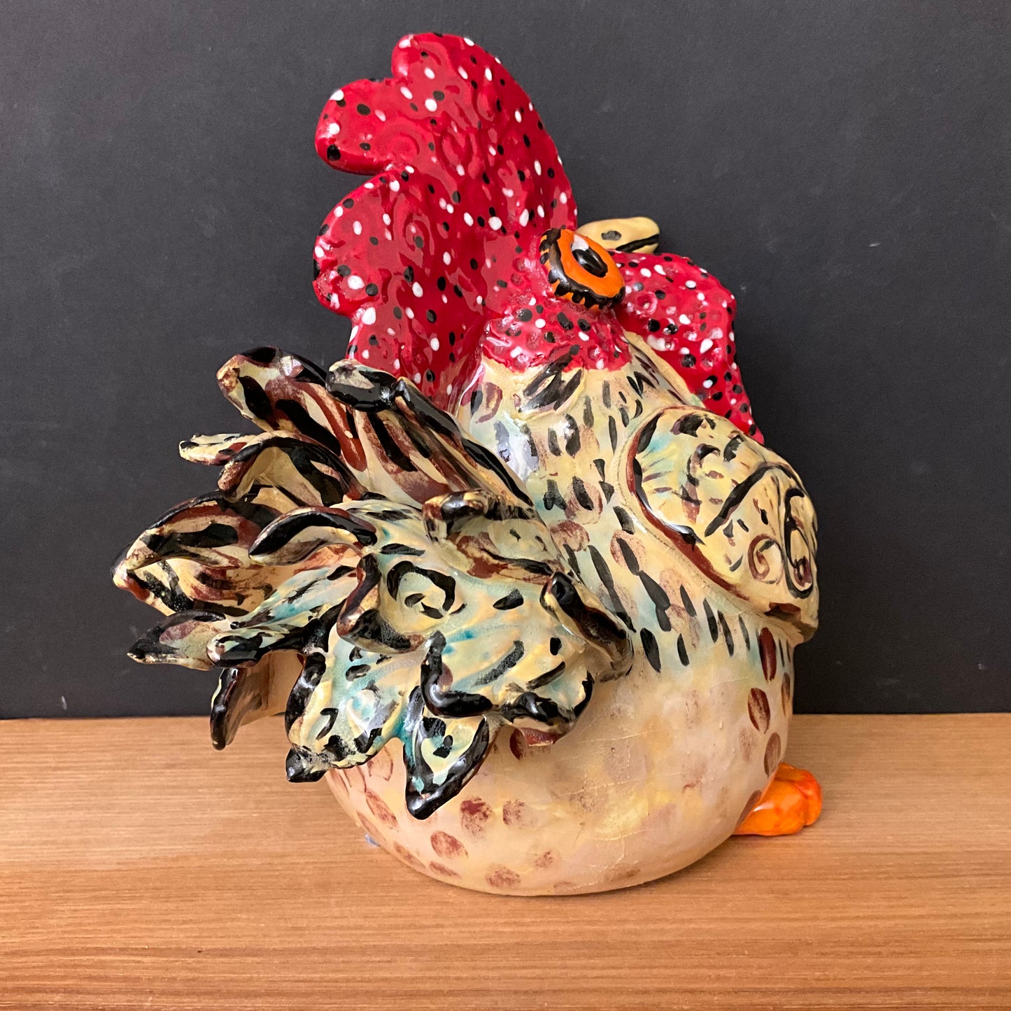 Ceramic Rooster in Tan, Sage and Red
