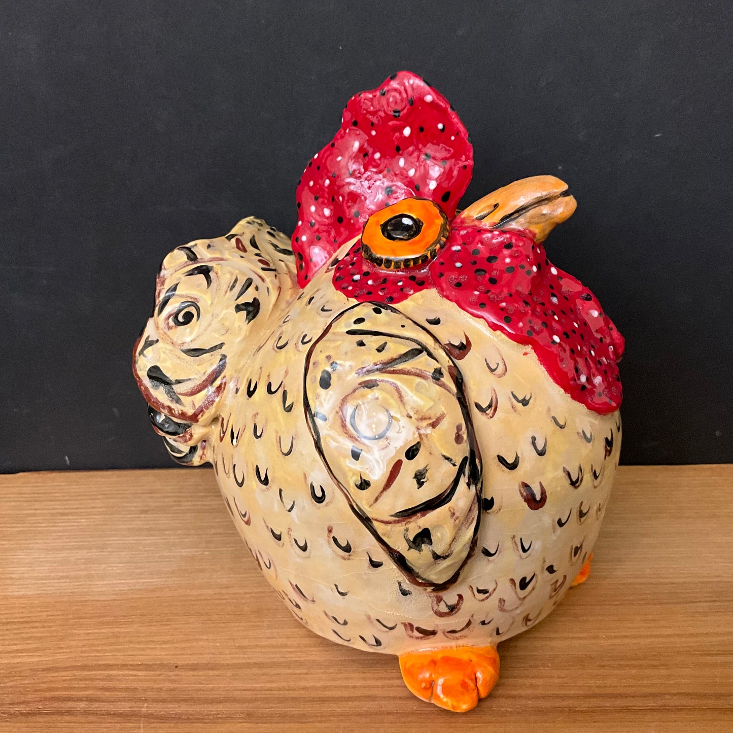 Ceramic Hen in Tan, Sage and Red