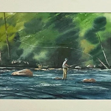 "Fishing in a Dark Pool" Original Framed Watercolor