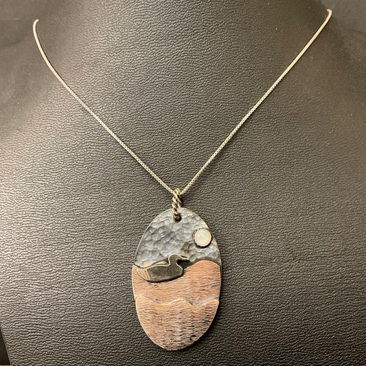 Mixed Metal Pendant Right Facing Mallard and Moonstone