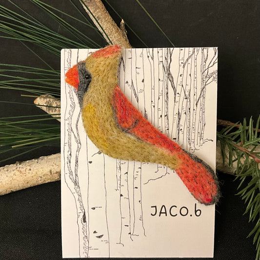 Female Cardinal Needlefelted & Appliqué Brooch