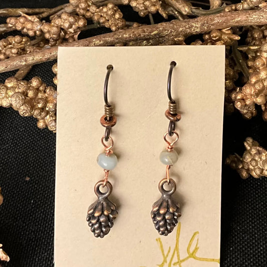 Copper Pinecone Earrings with Serpentine Beads #283