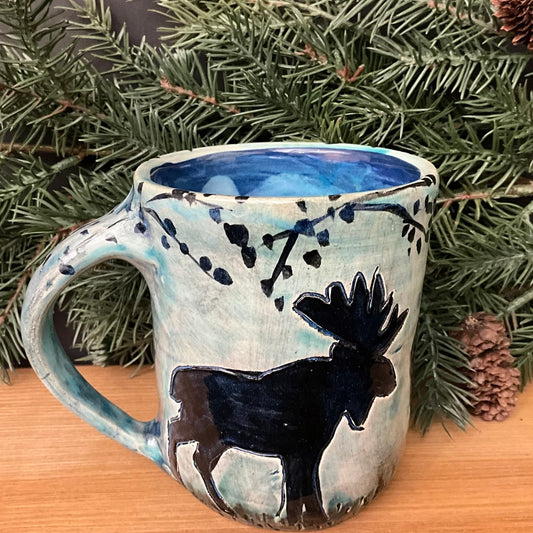 Mug with Carved Black Moose in Woods