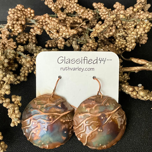 Flame Copper Deep Embossed Earrings w Branches