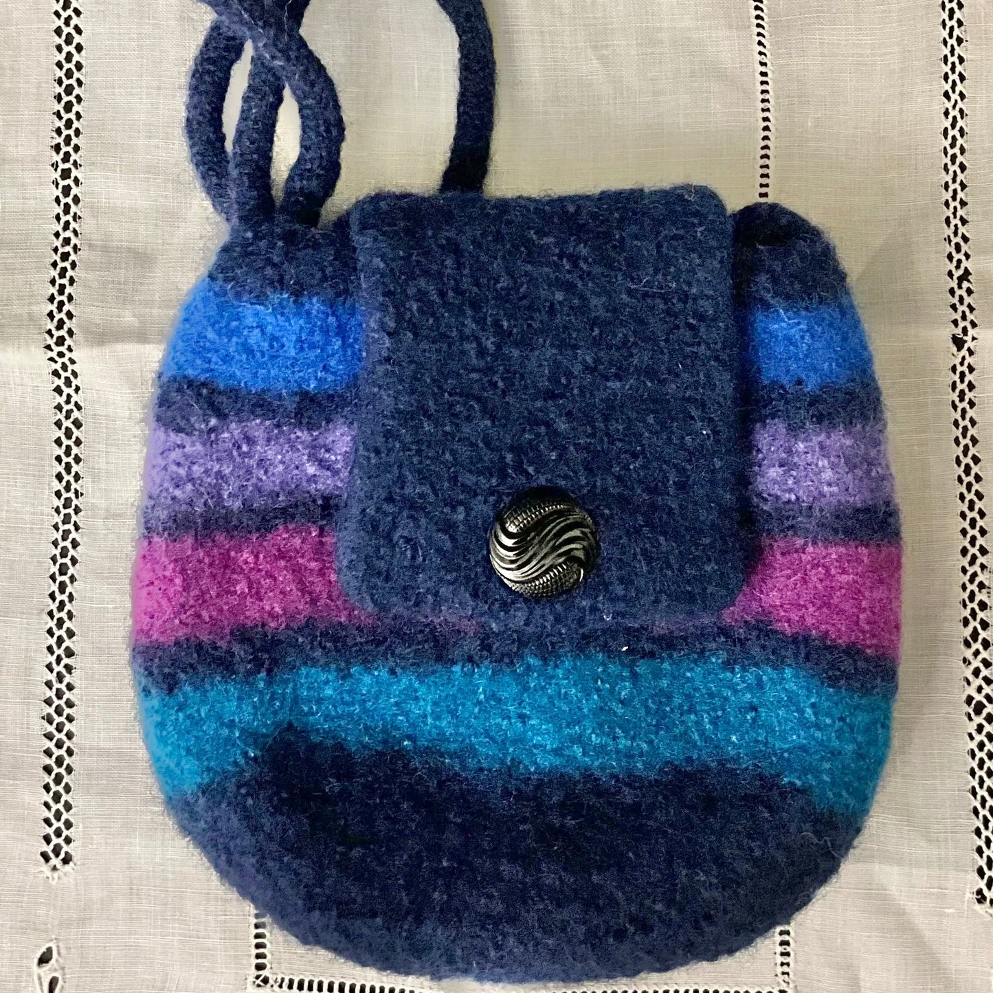 Dark Blue Felted Crossbody Bag with multi stripes
