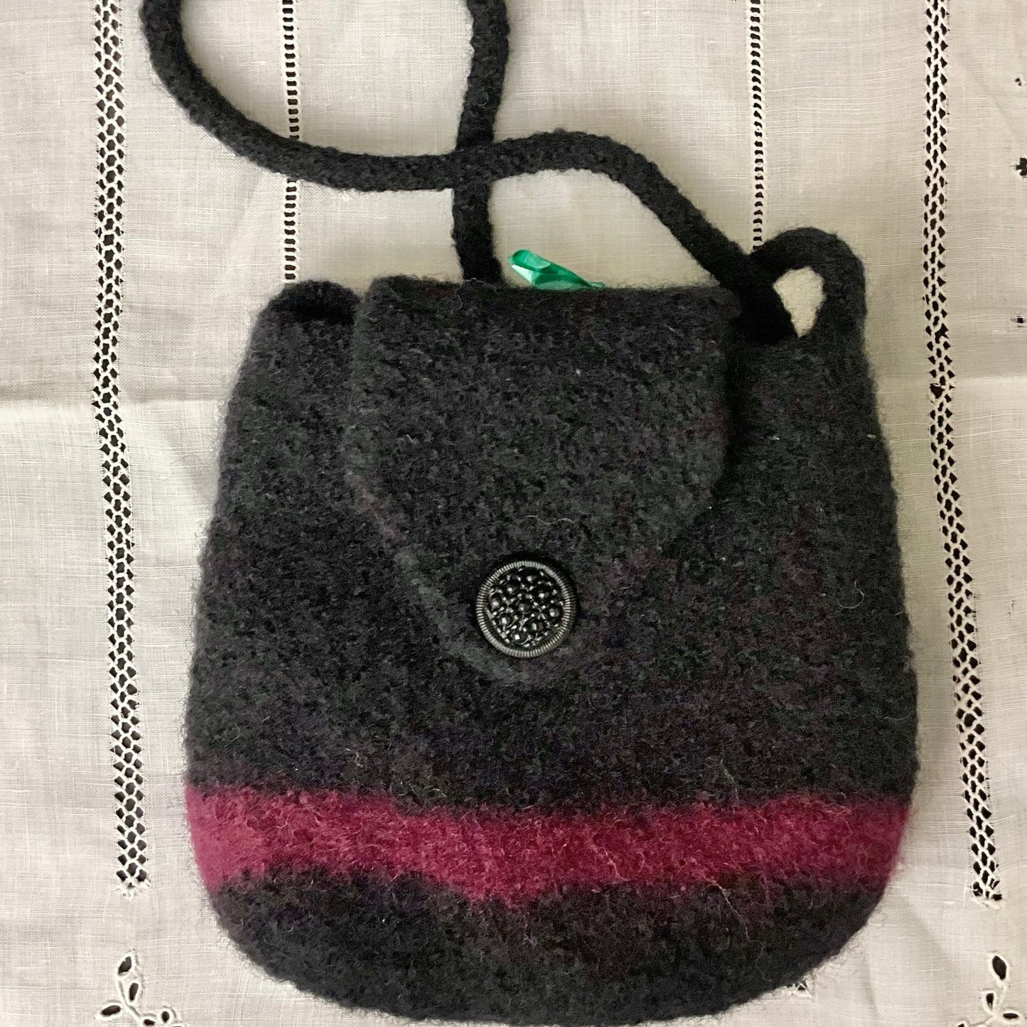 Black Felted Crossbody Bag with Red Stripe