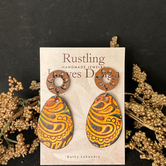 Ocher & Brown Paisley  Embossed Teardrops Earrings