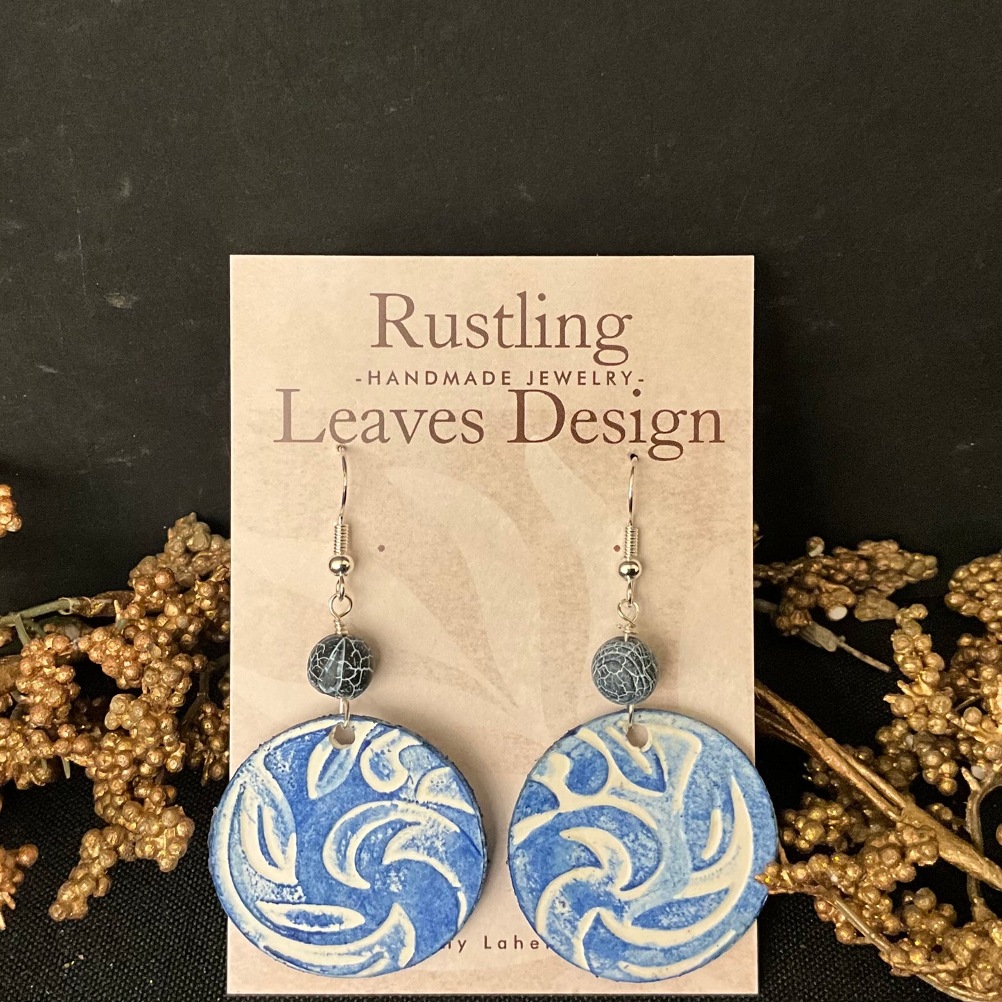 Cobalt Blue & White Embossed Circles Earrings