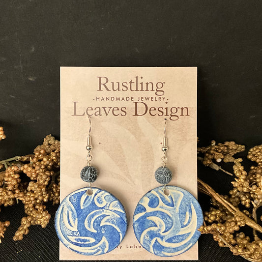 Cobalt Blue & White Embossed Circles Earrings