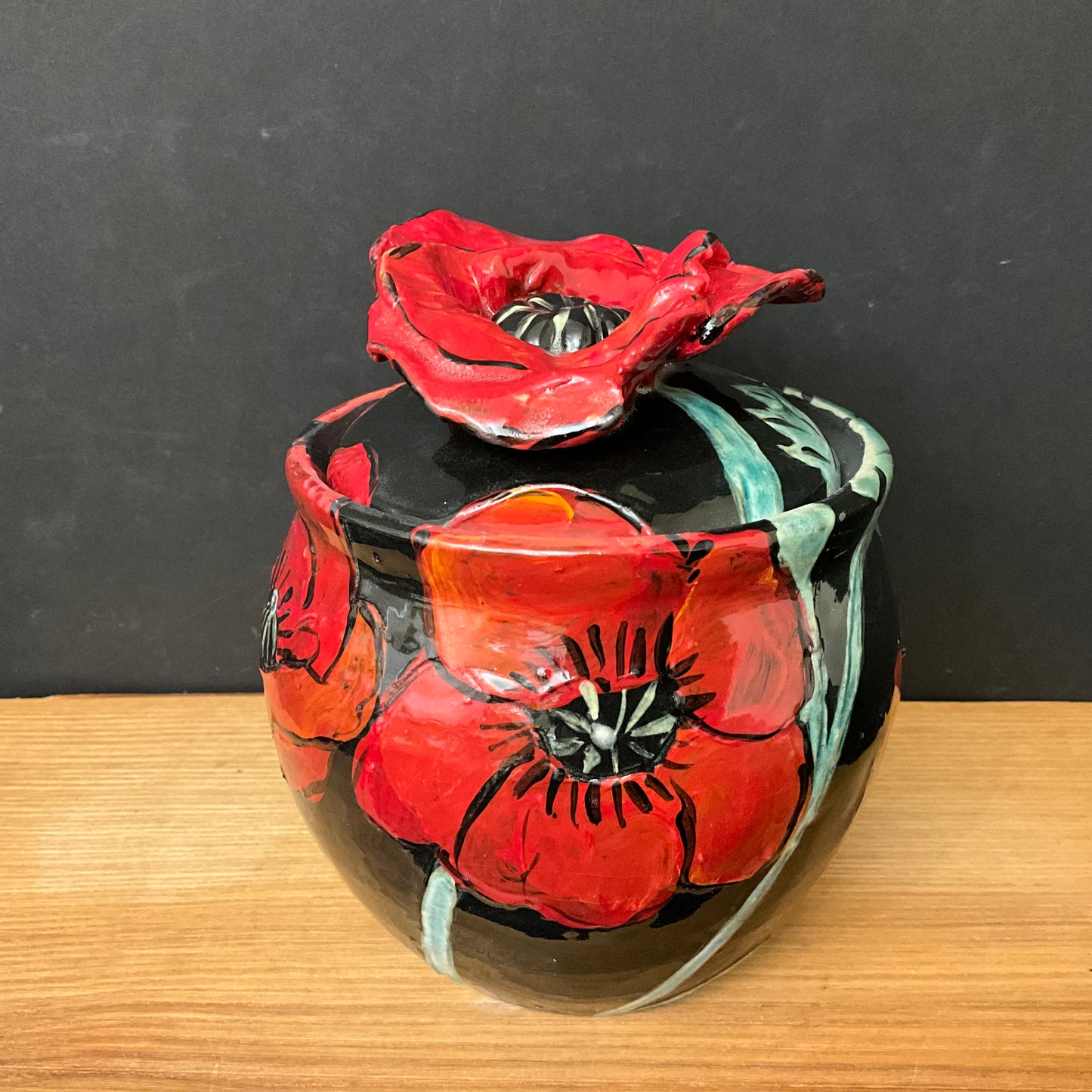 Ginger Jar Black with Red Poppies and Poppy Finial