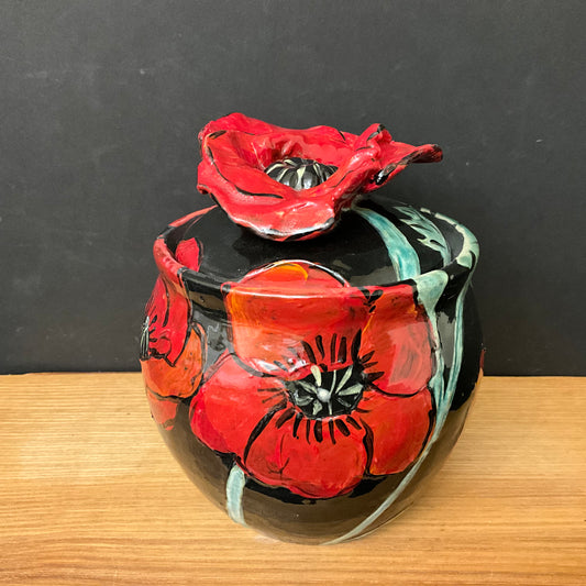 Ginger Jar Black with Red Poppies and Poppy Finial