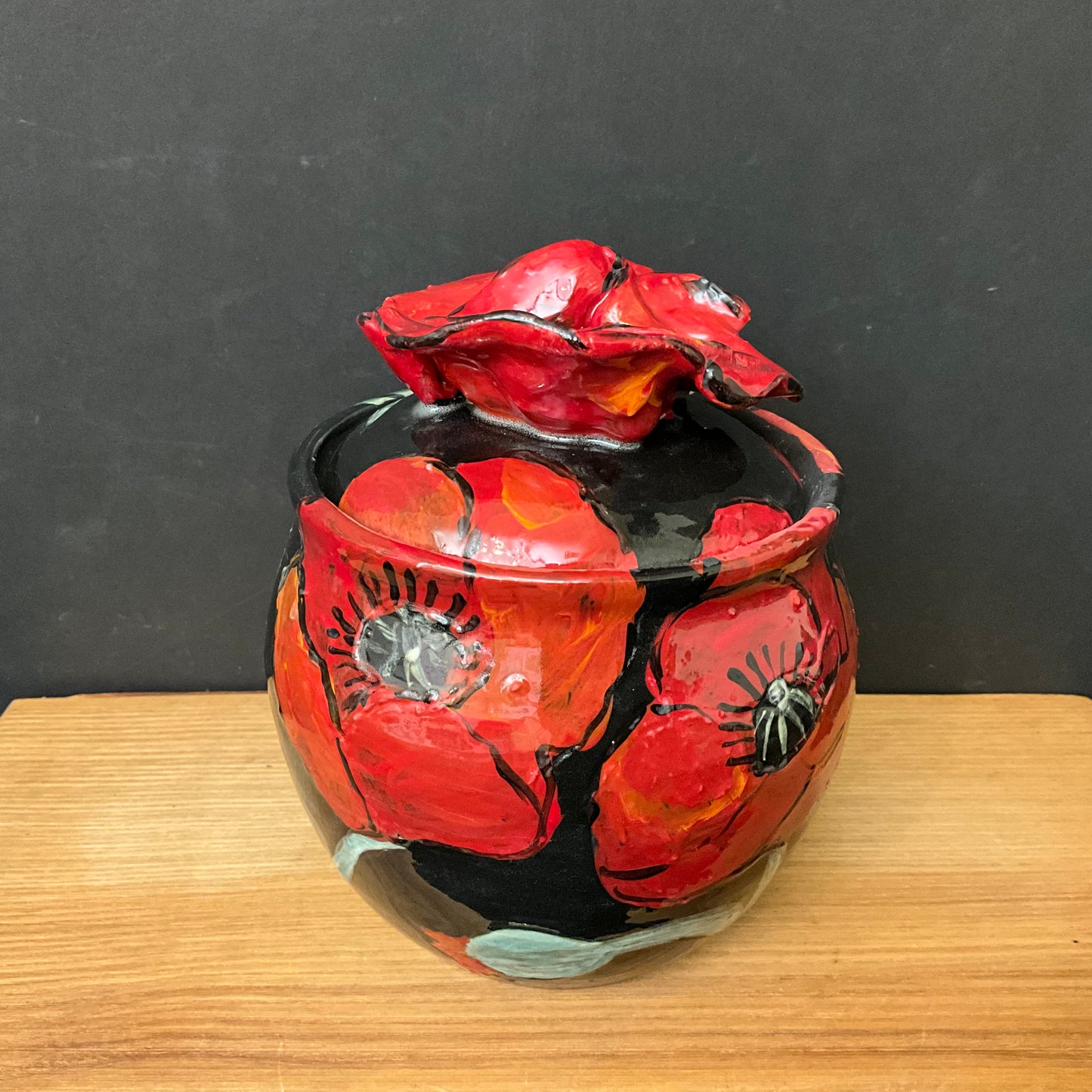 Ginger Jar Black with Red Poppies and Poppy Finial