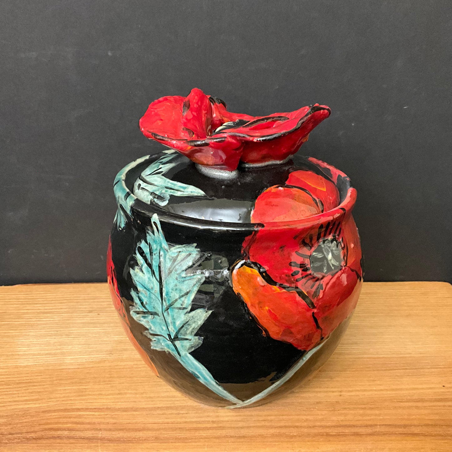 Ginger Jar Black with Red Poppies and Poppy Finial