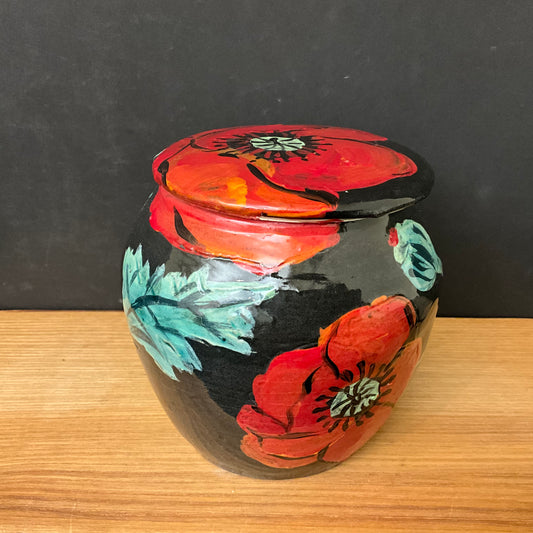 Ginger Jar Black with Red Poppies
