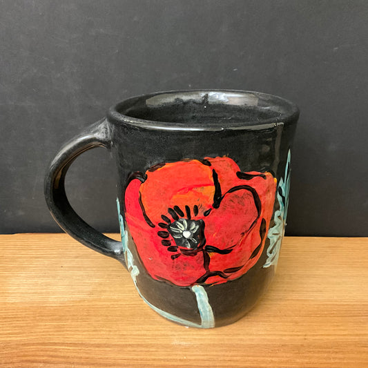 Mug Black with Red Poppies