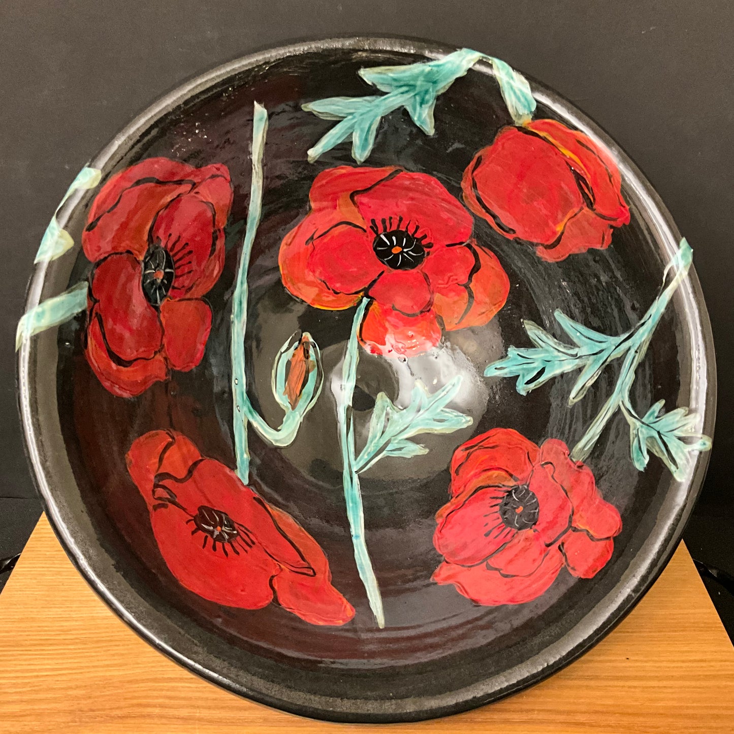 Large Deep Black Bowl with Red Poppies