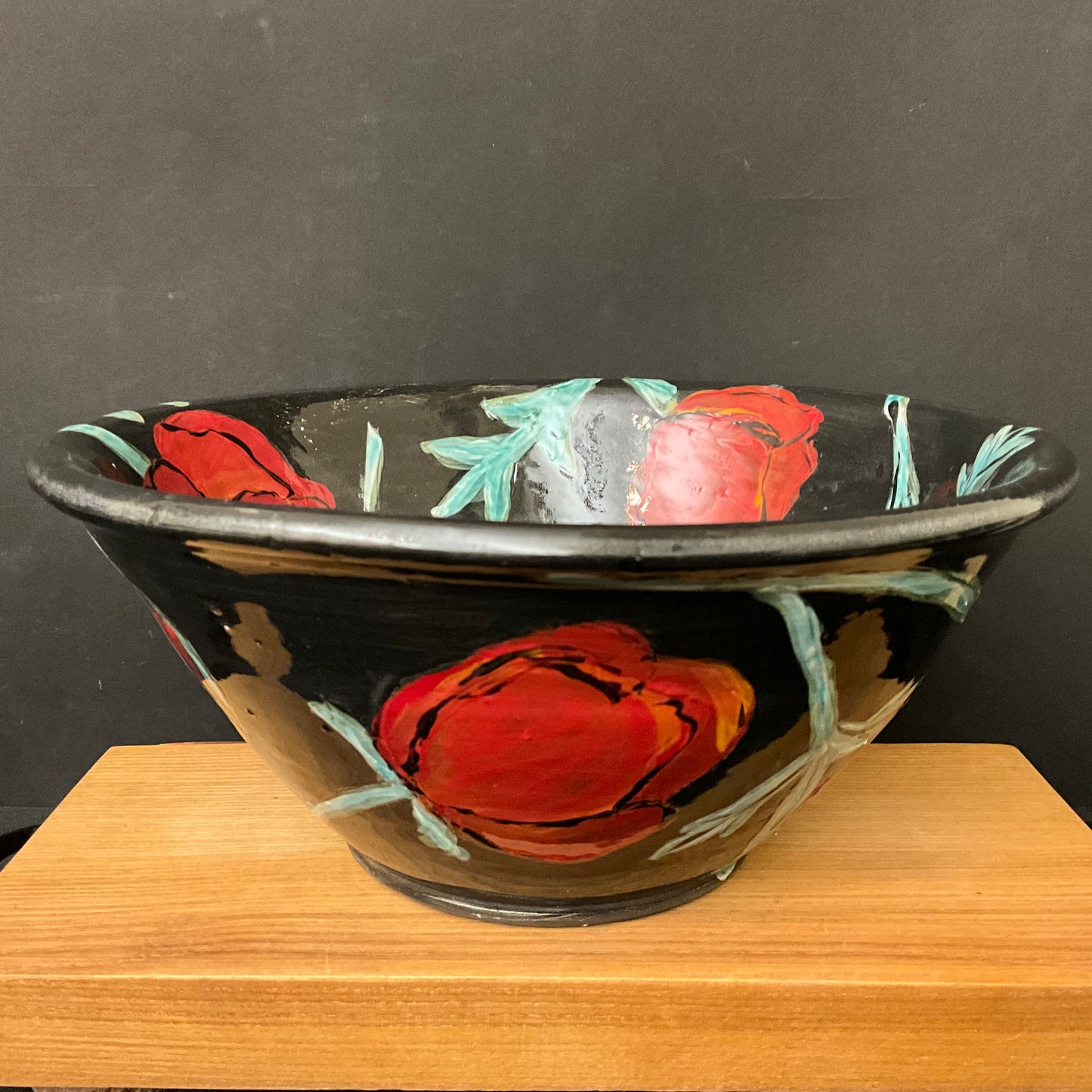 Large Deep Black Bowl with Red Poppies