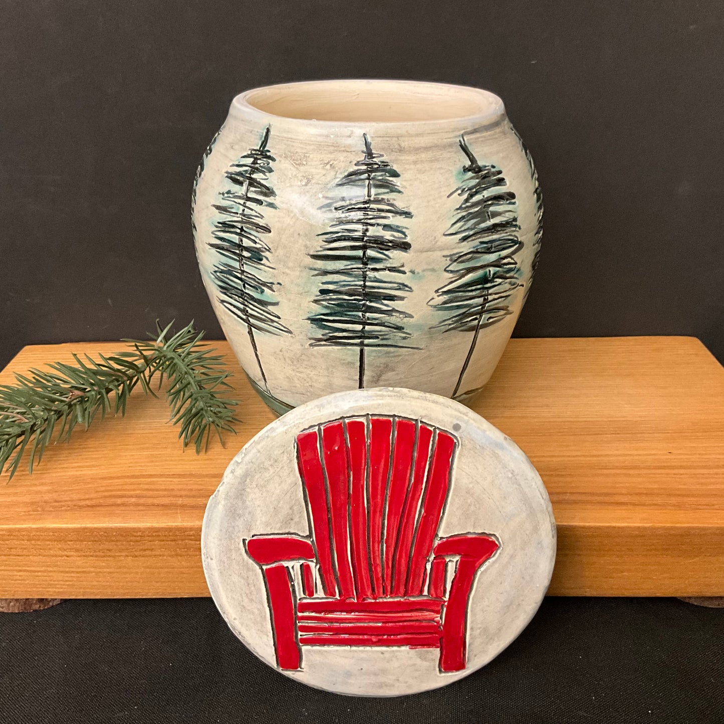 Large Ginger Jar with Carved Trees & Red Adirondack Chair on the Lid