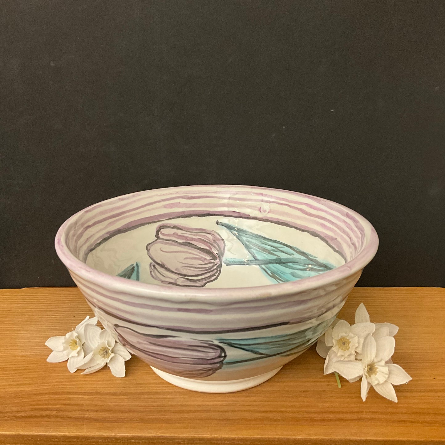 Small White Bowl with Pale Watercolor Look Purple Tulips