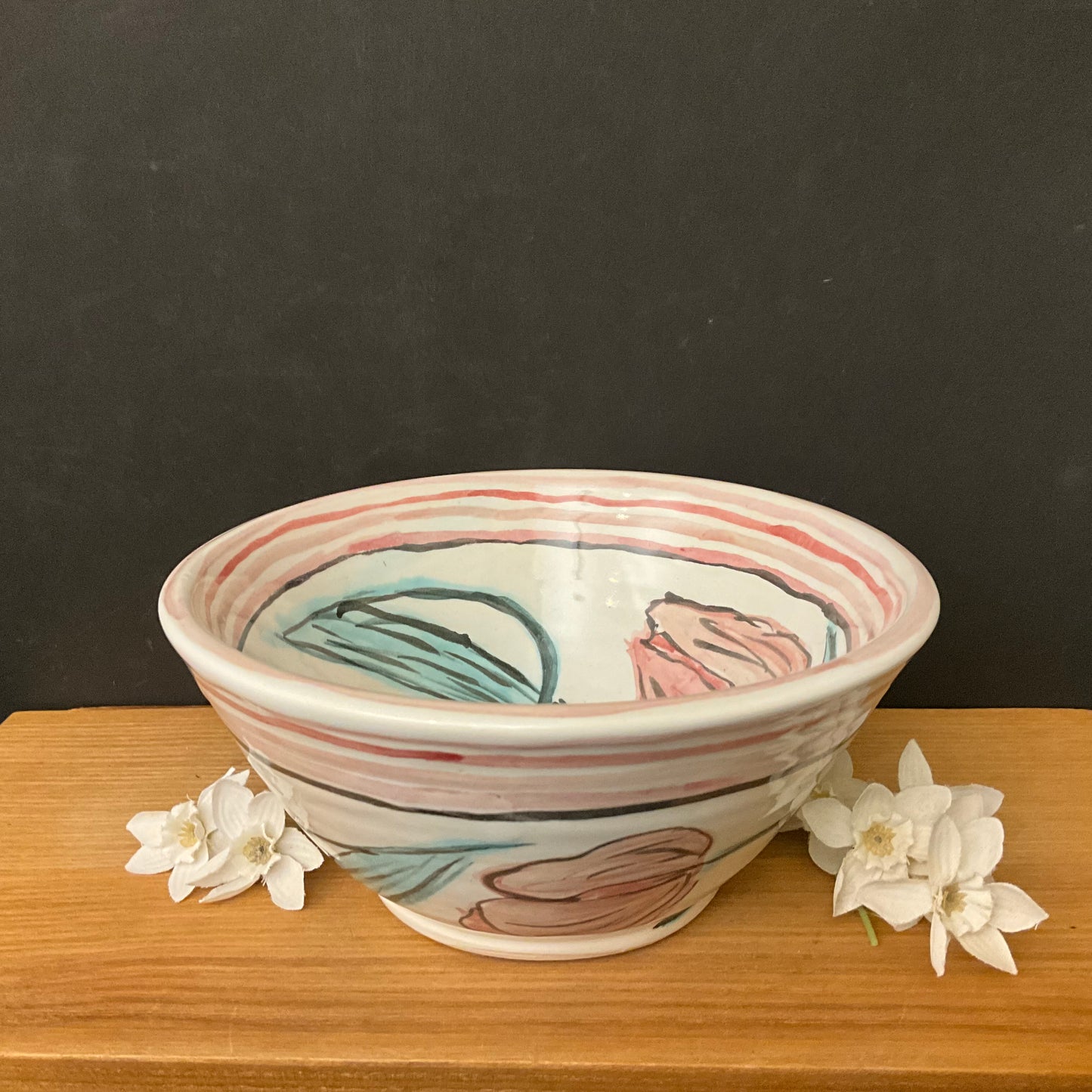 Small White Bowl with Pale Watercolor Look Pink Tulips
