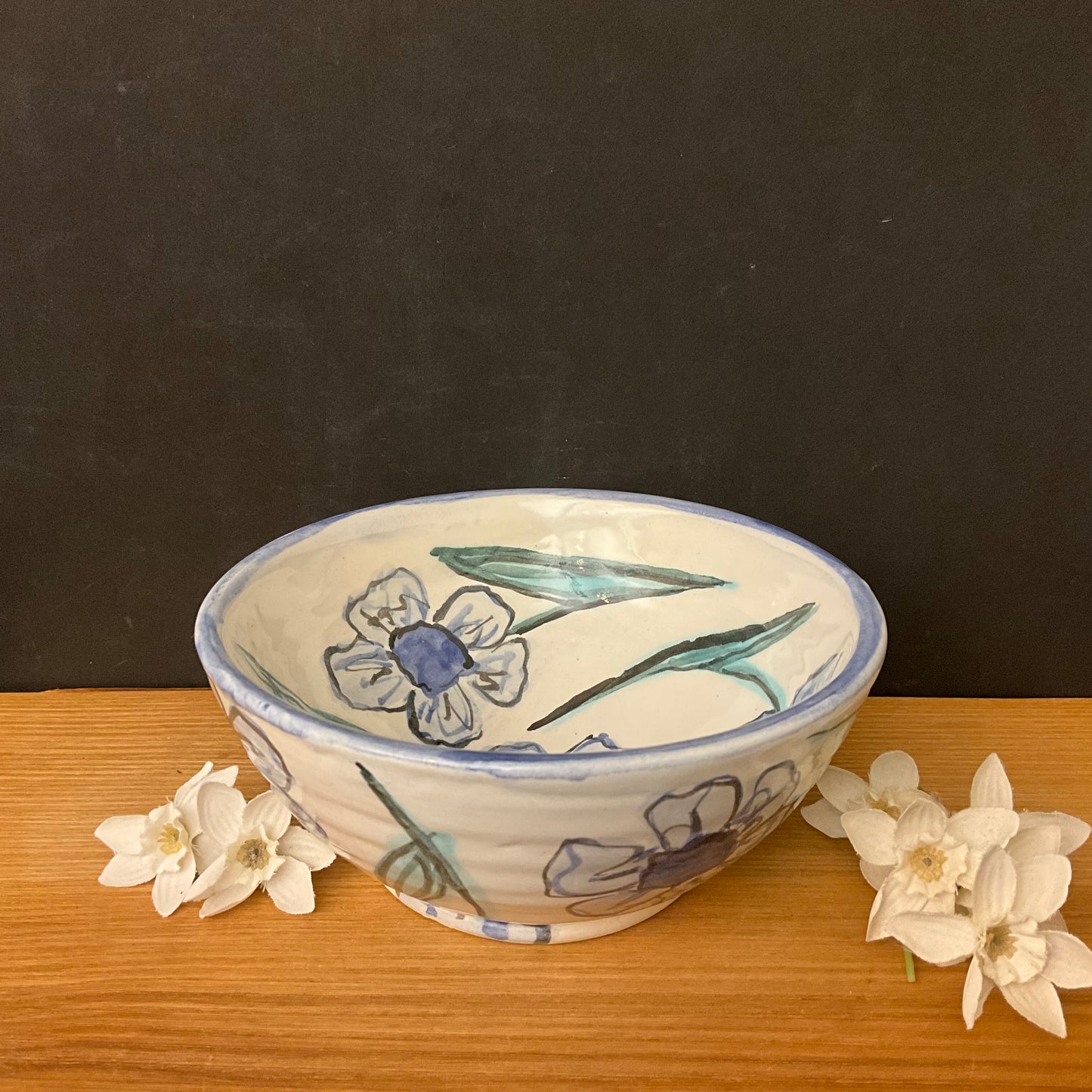 Small White Bowl with Blue Watercolor Look Flowers