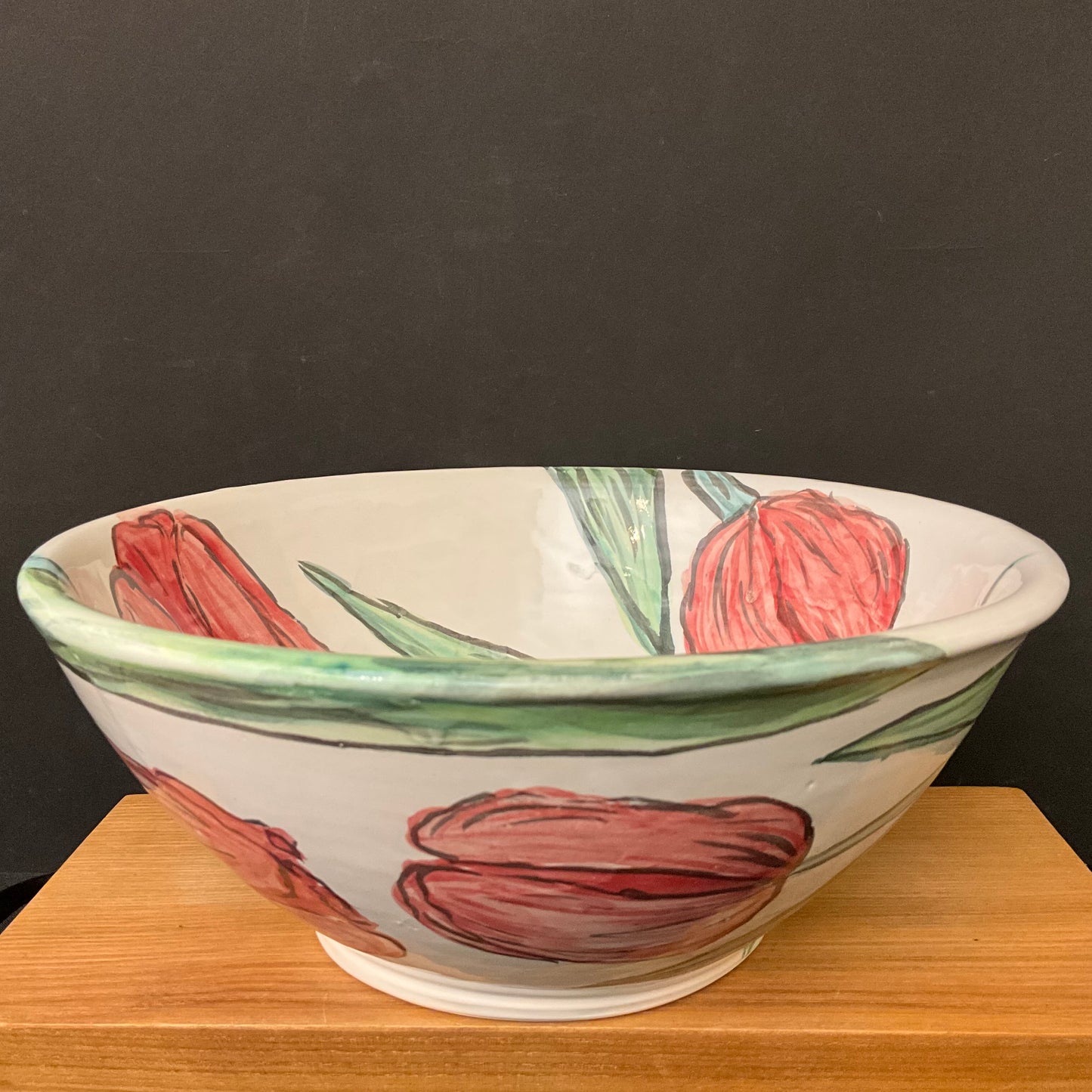 Large White Bowl with Pink Tulips