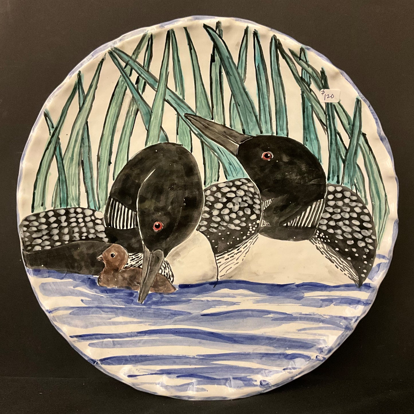 Large Round Platter with Loons and Chick