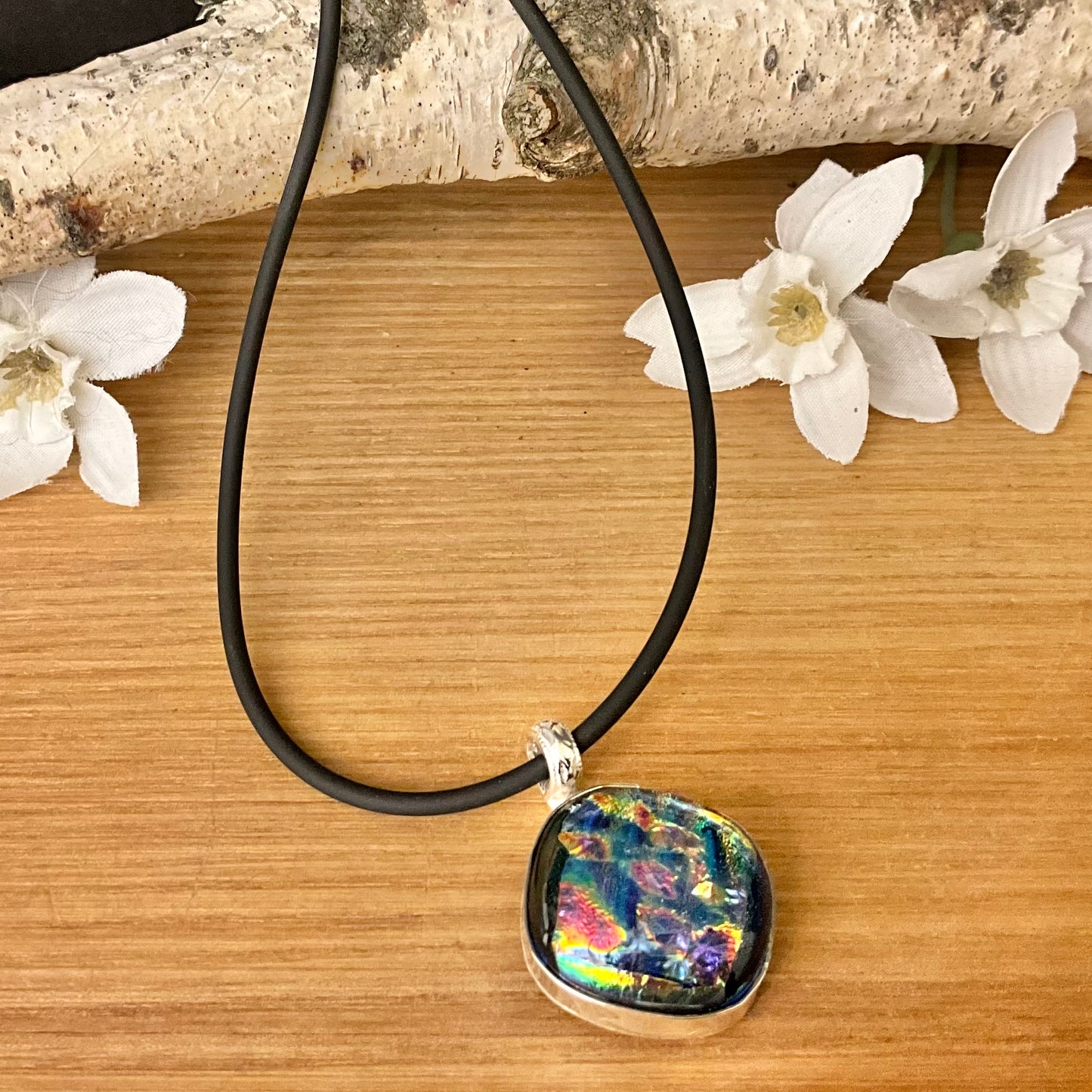 Dichroic Glass Pendant with Black Cord
