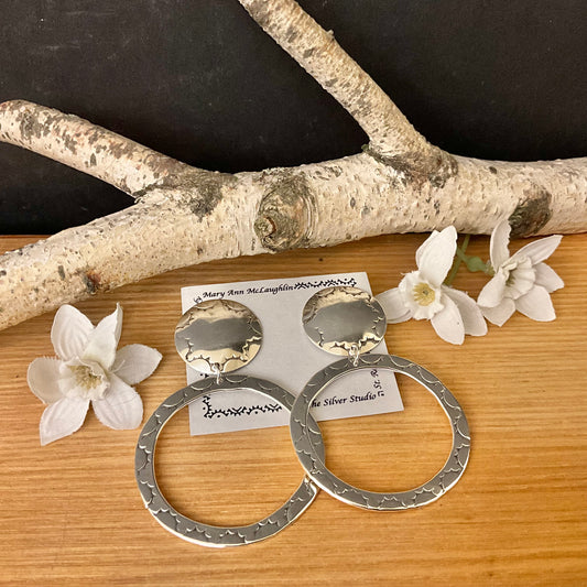 Large Flat Embossed Hoops with Disc Posts