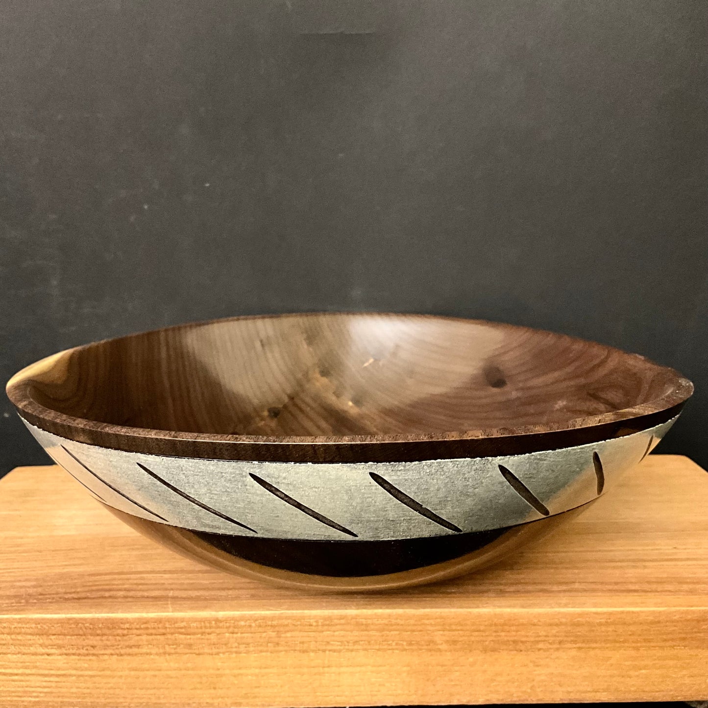 Walnut Bowl w Flutes on Gray Rim