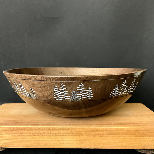 Walnut Footed Bowl w White Woodburned Forest