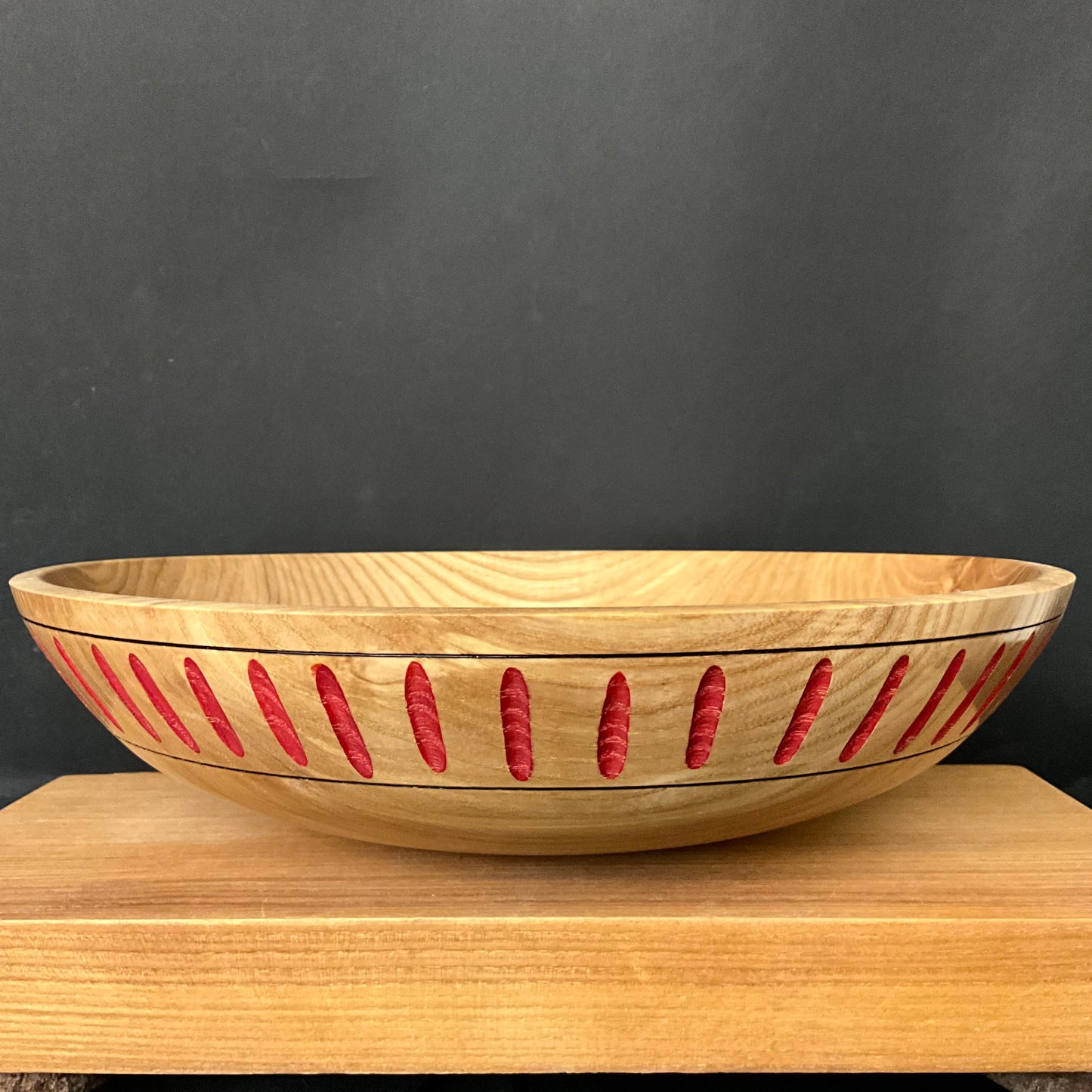 Hickory Bowl w Red Flutes on Side