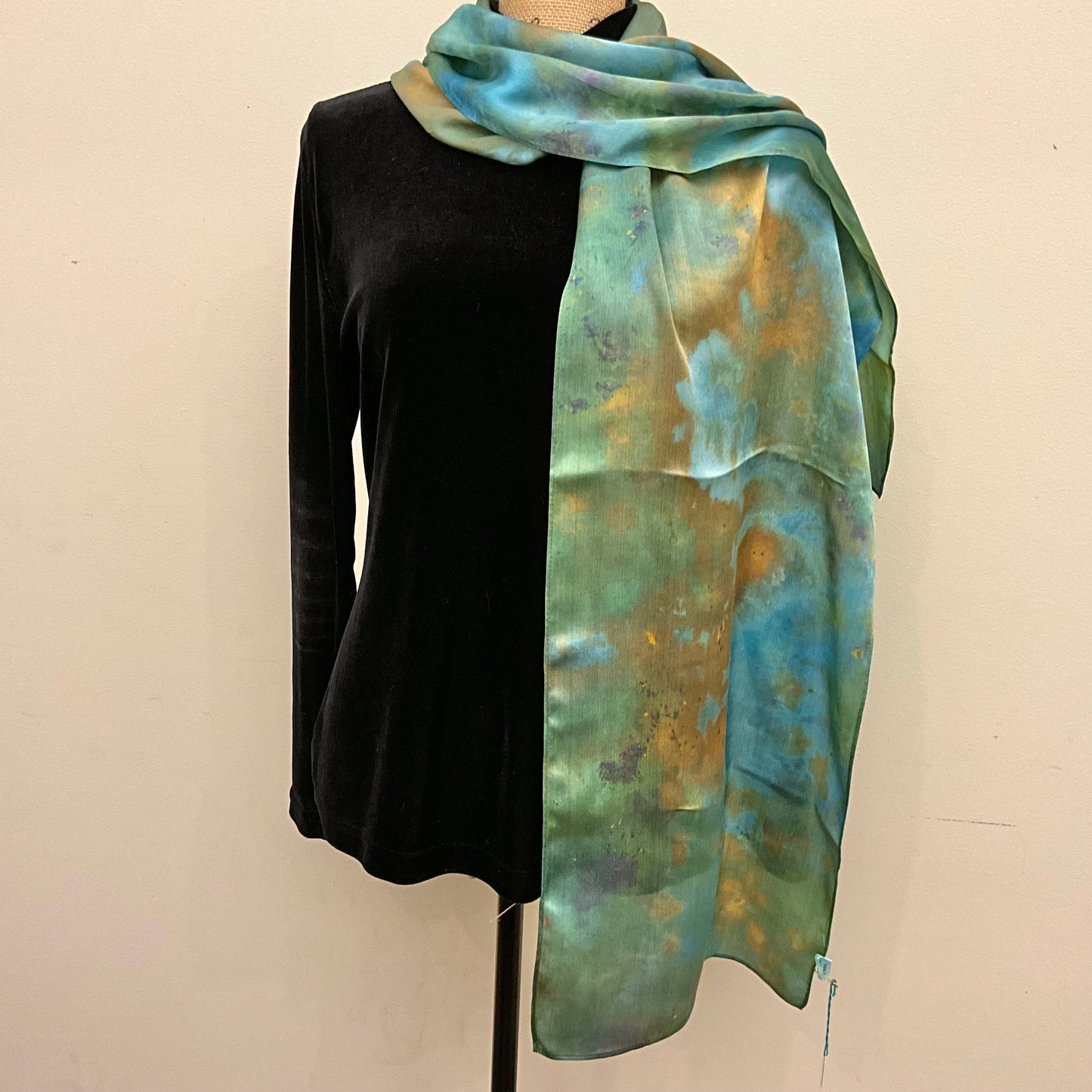 large Ice Dyed Silk Satin Scarf - Turquoise Colorway