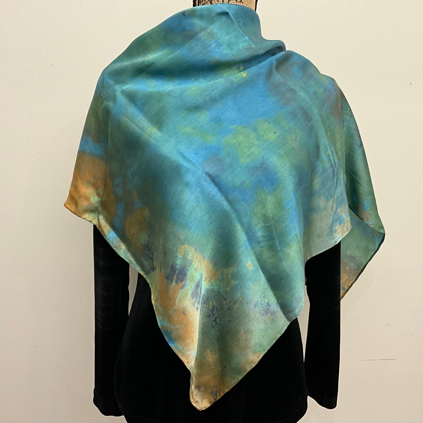 Large Square Ice Dyed Silk Satin Scarf - Turquoise