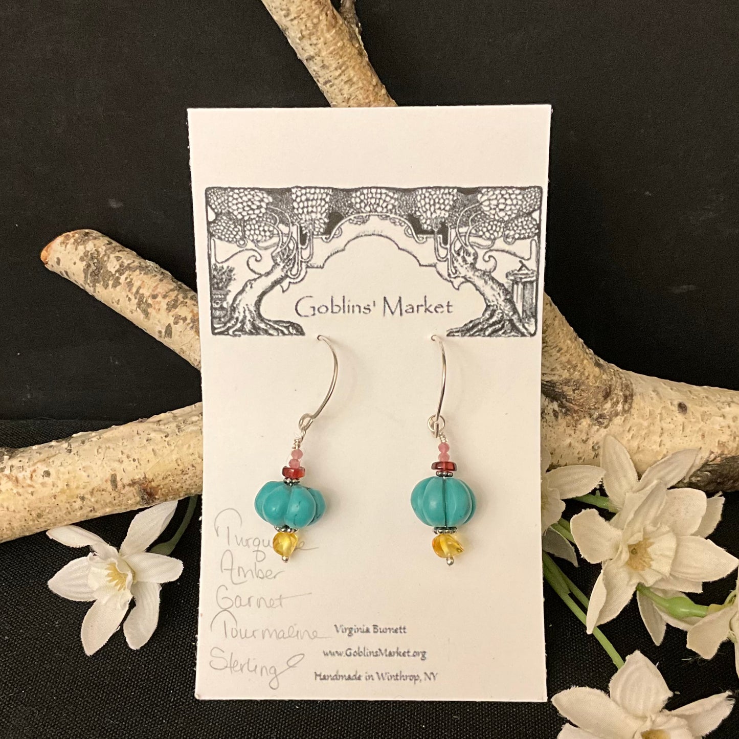 Carved Turquoise Melons with Amber & Garnet Earrings