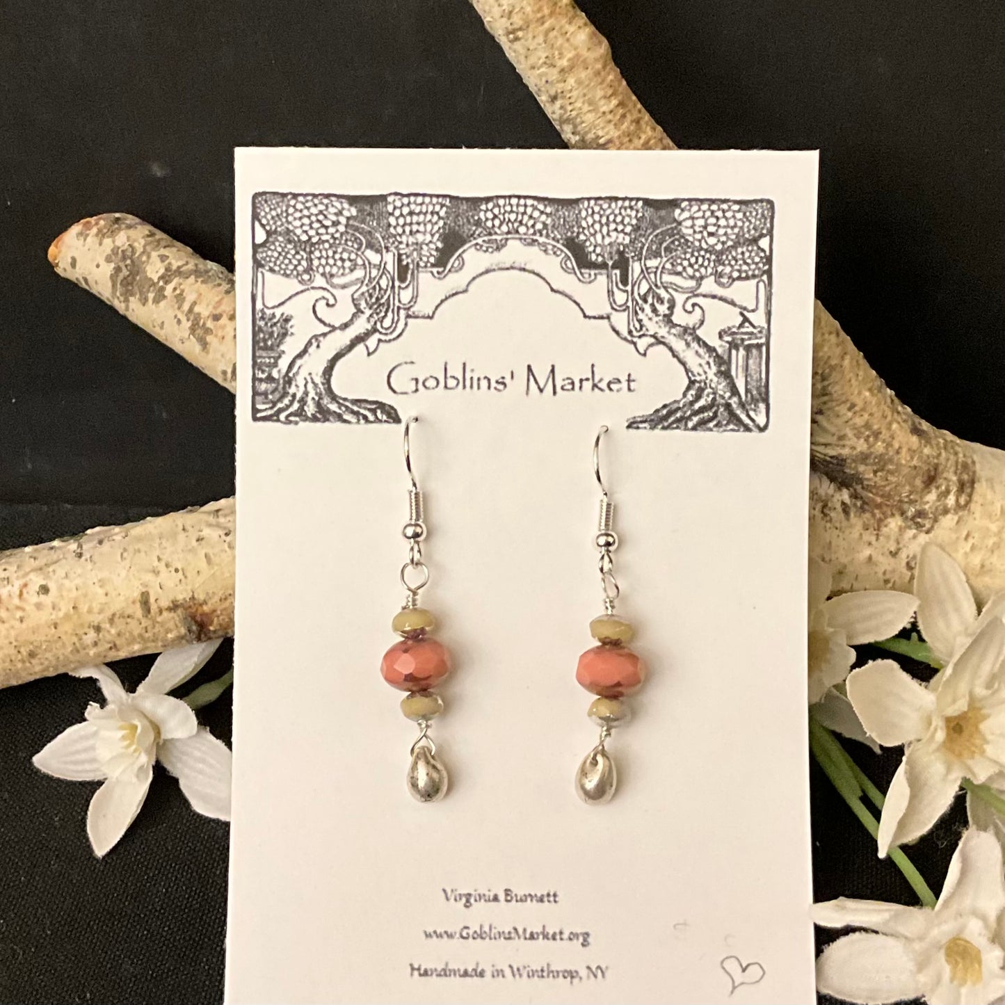 Earrings with Pink roundelles & Silver droplet beads
